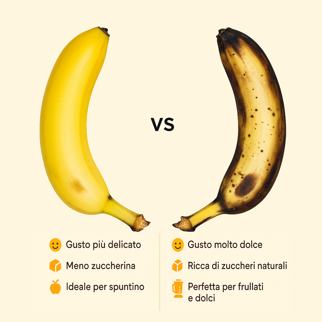 Immagine comparativa di una banana gialla e di una banana con buccia con macchie nere, con elenco dei rispettivi vantaggi