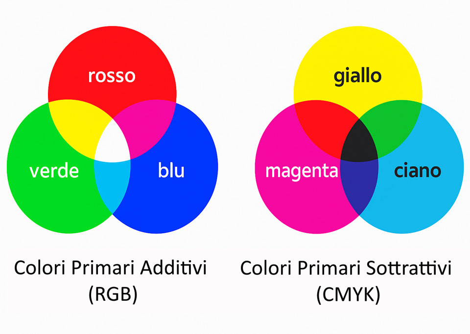 Diagramma illustrativo dei due principali sistemi di colori primari: a sinistra, il modello additivo RGB (Rosso, Verde, Blu), tipico della luce, la cui somma crea il bianco; a destra, il modello sottrattivo CMYK (Ciano, Magenta, Giallo, con K per il Nero), usato per i pigmenti, la cui sovrapposizione ideale genera il nero.