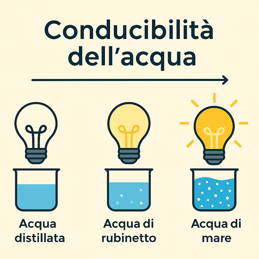 Grafico illustrato con tre becher etichettati “acqua distillata”, “acqua di rubinetto” e “acqua di mare”: le lampadine sopra i becher passano da spenta a molto luminosa, mostrando l’aumento della conducibilità elettrica dell’acqua al crescere della salinità.
