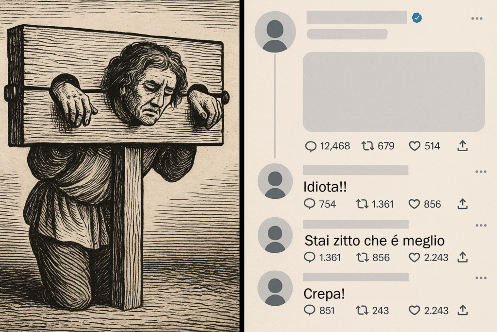 Immagine divisa: a sinistra un uomo inginocchiato bloccato in una gogna settecentesca, a destra schermata di social media con insulti scritti da profili anonimi.