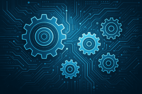 Grafica blu scuro con cinque ingranaggi neon su sfondo di circuiti elettronici, simbolo di integrazione fra meccanica e tecnologia digitale.