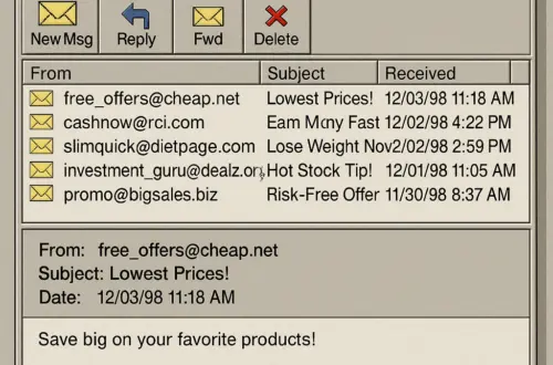 Interfaccia di posta elettronica vintage degli anni '90 con una lista di email spam dai titoli sensazionalistici, come "Lowest Prices!" e "Lose Weight Now", inviate da indirizzi sospetti.