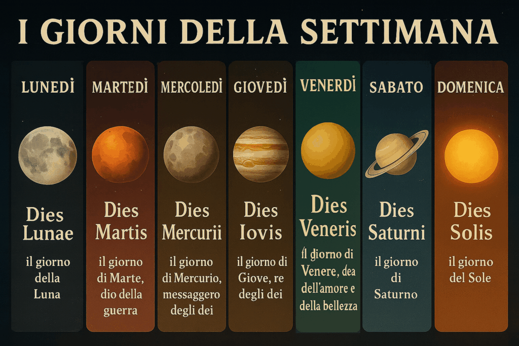 Tabella illustrata in sette colonne che associa i giorni della settimana (lunedì-domenica) ai corpi celesti Luna, Marte, Mercurio, Giove, Venere, Saturno e Sole, con nomi latini “Dies Lunae” … “Dies Solis” e relative spiegazioni.