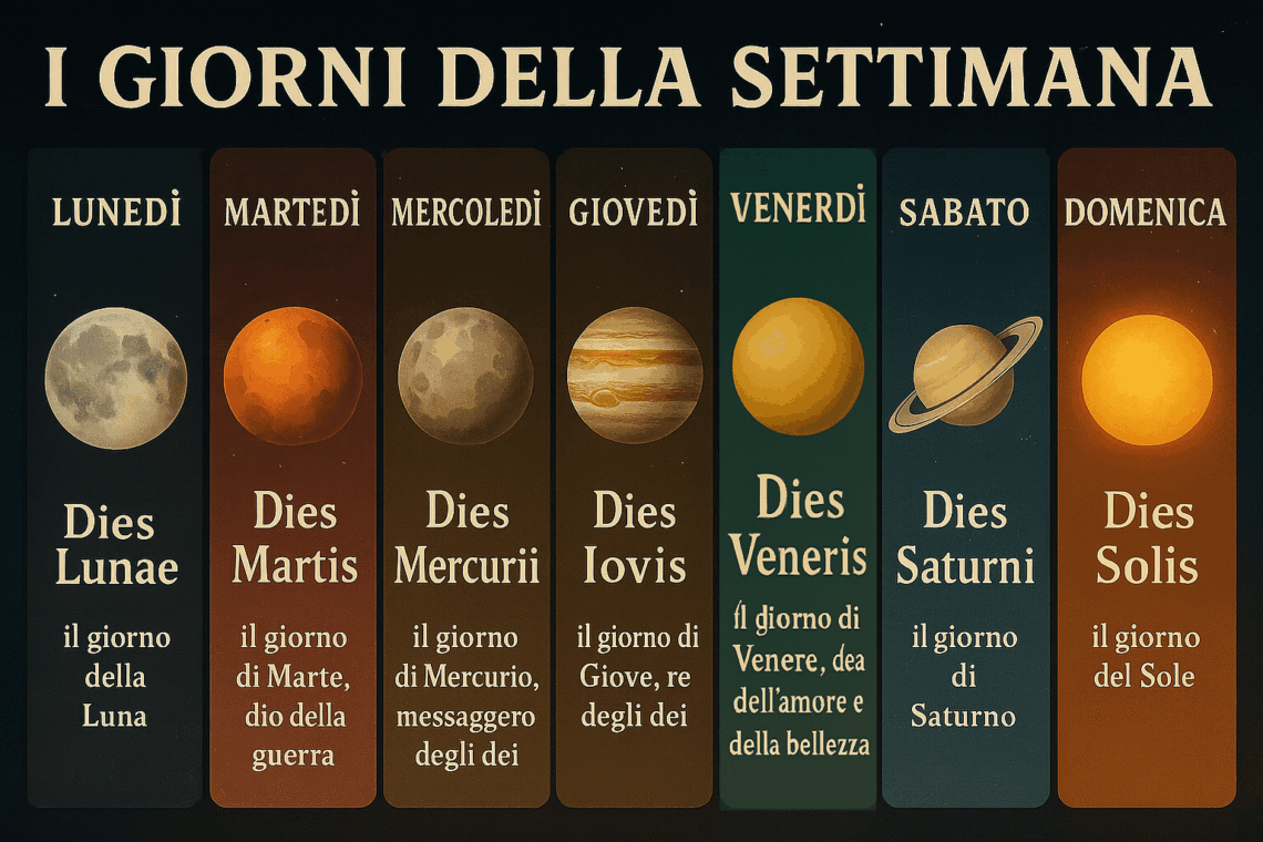 Tabella illustrata in sette colonne che associa i giorni della settimana (lunedì-domenica) ai corpi celesti Luna, Marte, Mercurio, Giove, Venere, Saturno e Sole, con nomi latini “Dies Lunae” … “Dies Solis” e relative spiegazioni.