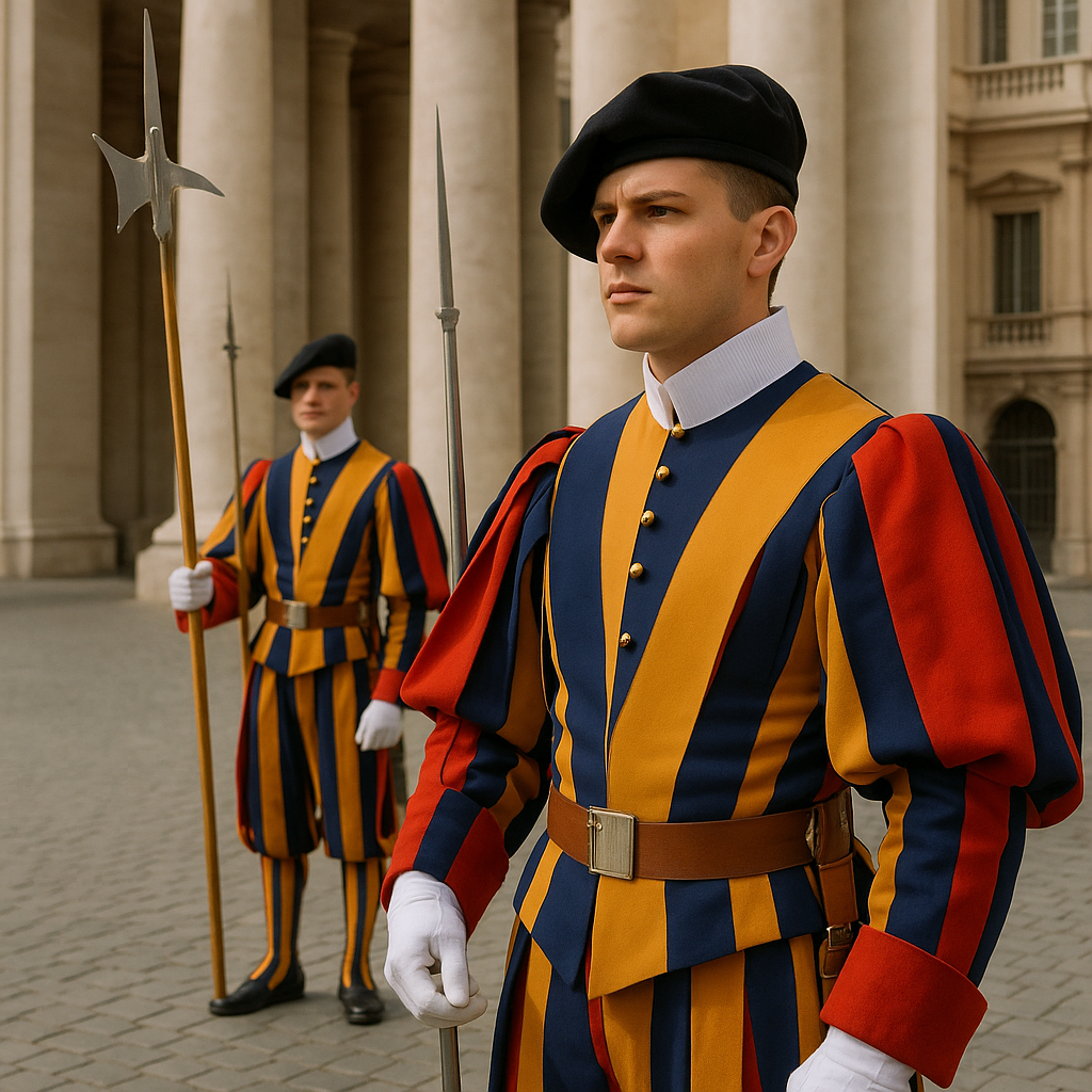 L’immagine mostra due membri della Guardia Svizzera Pontificia in uniforme cerimoniale, in piedi nella suggestiva cornice del Colonnato di San Pietro, in Vaticano. In primo piano, un giovane alabardiere dallo sguardo fiero indossa la tradizionale divisa a bande verticali blu, rosse e gialle, guanti bianchi, cintura in cuoio e un basco nero. Sullo sfondo, un secondo guardia, anch'essa armata di alabarda, mantiene la posizione vicino a una delle imponenti colonne in travertino. L’atmosfera è solenne, tipica di una cerimonia ufficiale, e la luce naturale valorizza i colori vivaci dell’uniforme.