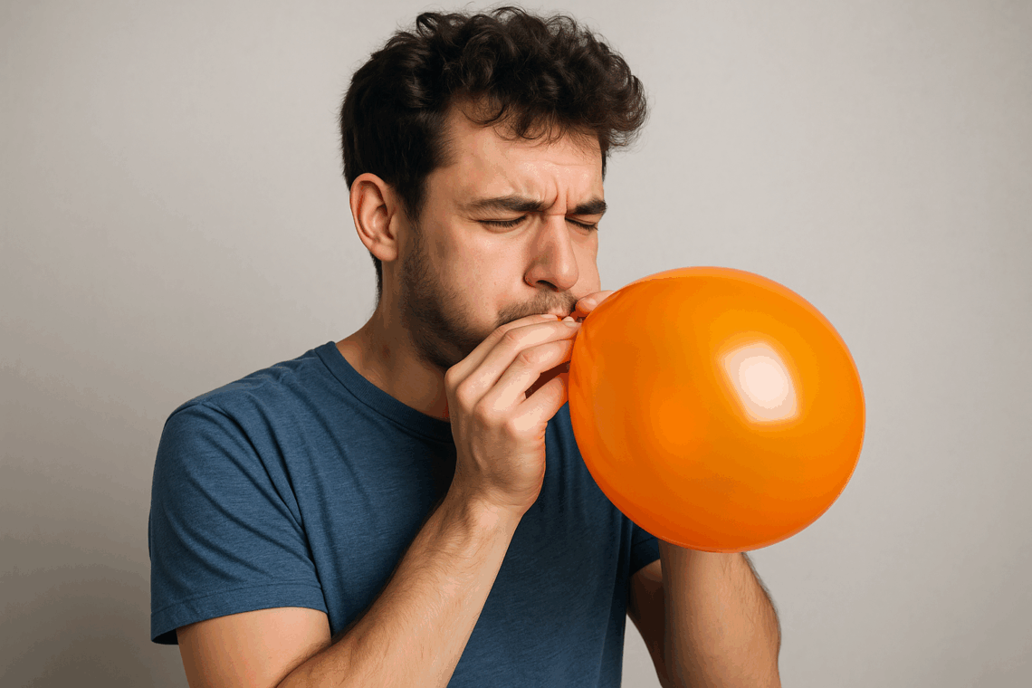 Giovane che respira elio da un palloncino arancione