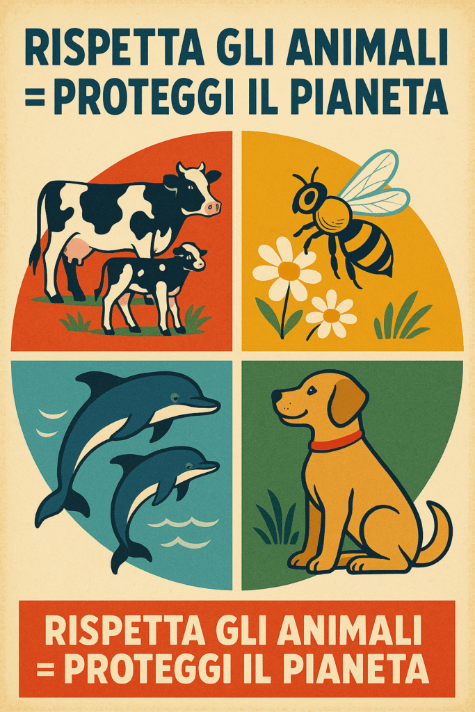 Poster educativo in stile vintage con cerchio in quattro spicchi che raffigurano mucca e vitello, ape tra fiori, due delfini e un cane; testo principale “Rispetta gli animali = proteggi il pianeta”.