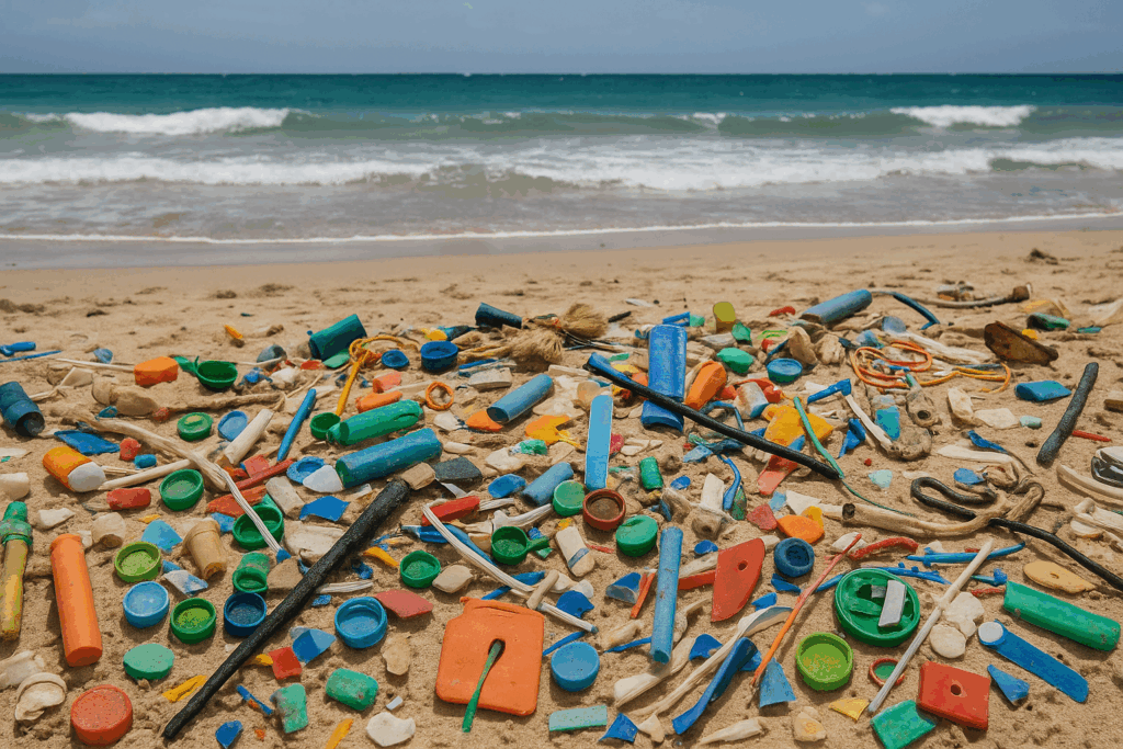 Sulla sabbia giace un ammasso colorato di rifiuti plastici, tappi, frammenti e cordame.