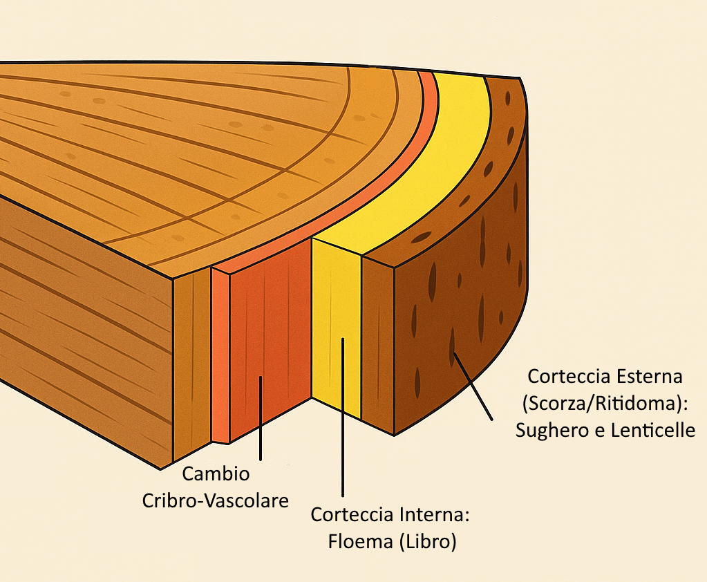 Diagramma che illustra gli strati della corteccia di un albero: scorza esterna, floema, cambio cribro-vascolare e xilema