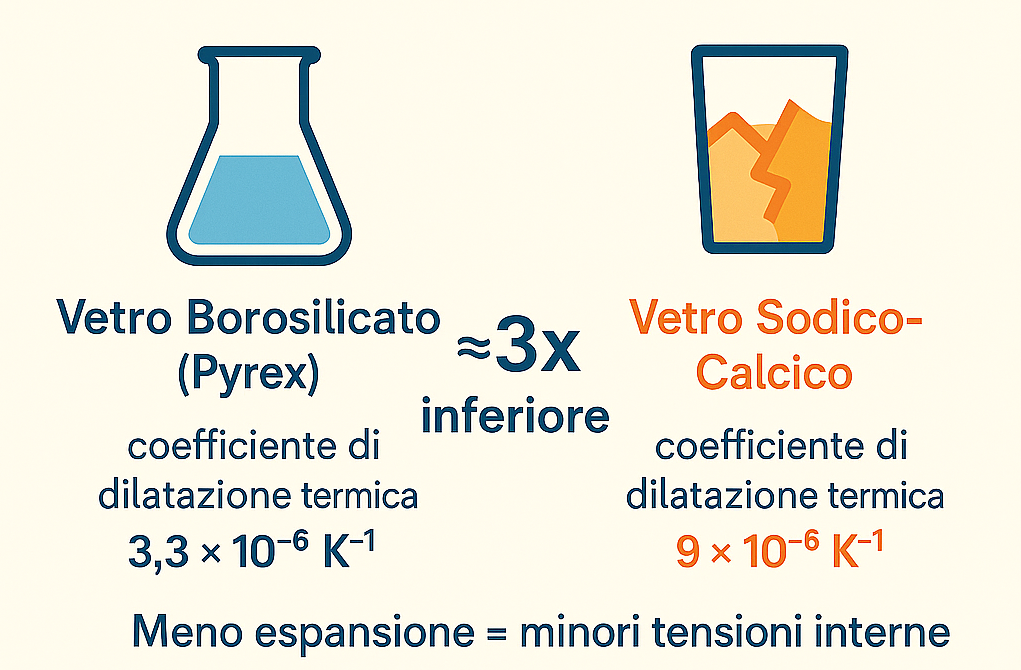 Infografica che confronta il vetro borosilicato (Pyrex) e il vetro sodico-calcico comune.