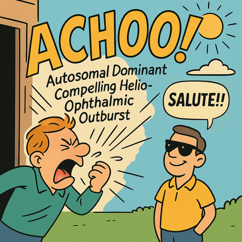 Vignetta in stile anni ’50: uomo che starnutisce all’uscita di una porta sotto il sole, con la scritta “ACHOO!” in grande e l’acronimo spiegato, mentre un passante con occhiali scuri assiste alla scena.