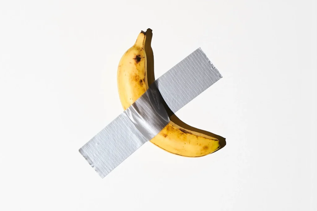 Banana con macchie scure fissata diagonalmente a una parete bianca da nastro adesivo argentato, riferimento all’opera “Comedian” di Maurizio Cattelan.